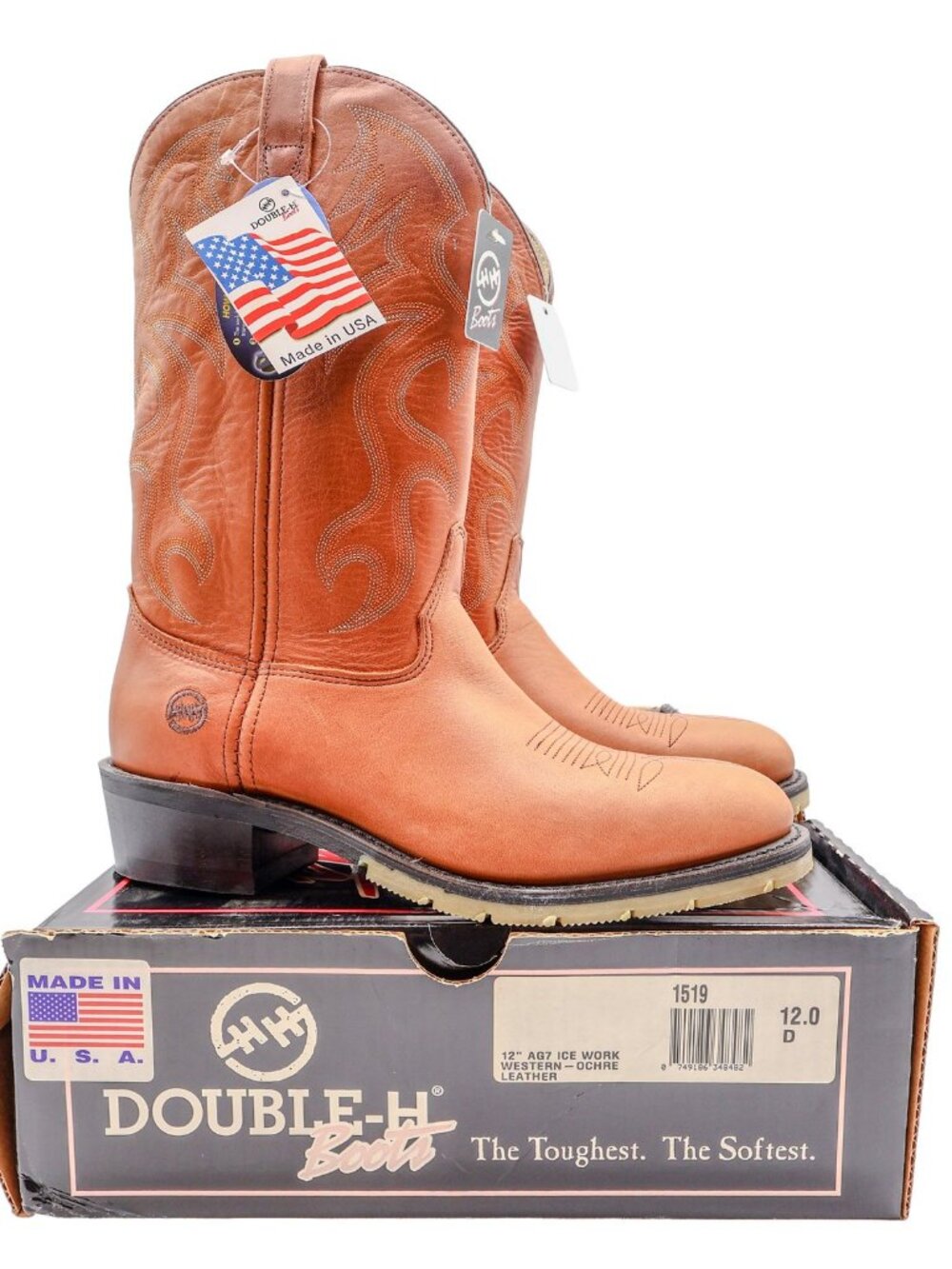 Vintage Double-H Boots Mens 12 D Ochre Leather AG7 Ice Work Western USA 1519 NWB